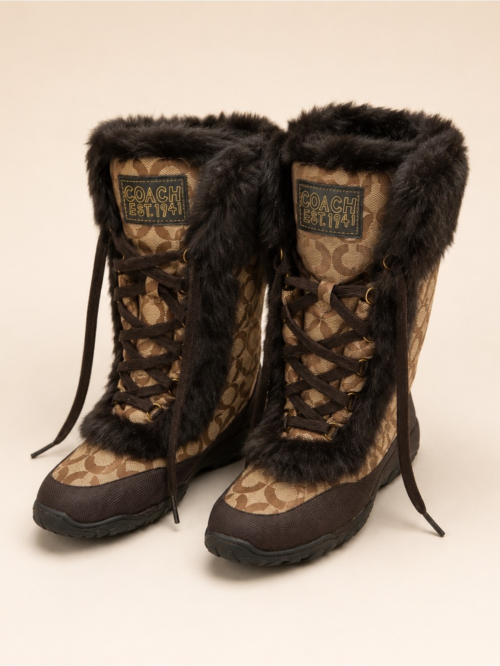 Coach Jennie Q522 Signature Monogram Fur-Trim Winter Boots Women’s Size 9B